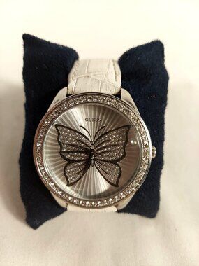 Guess Large Rhinestone Butterfly Watch White Face Leather Band Vintage Y2K